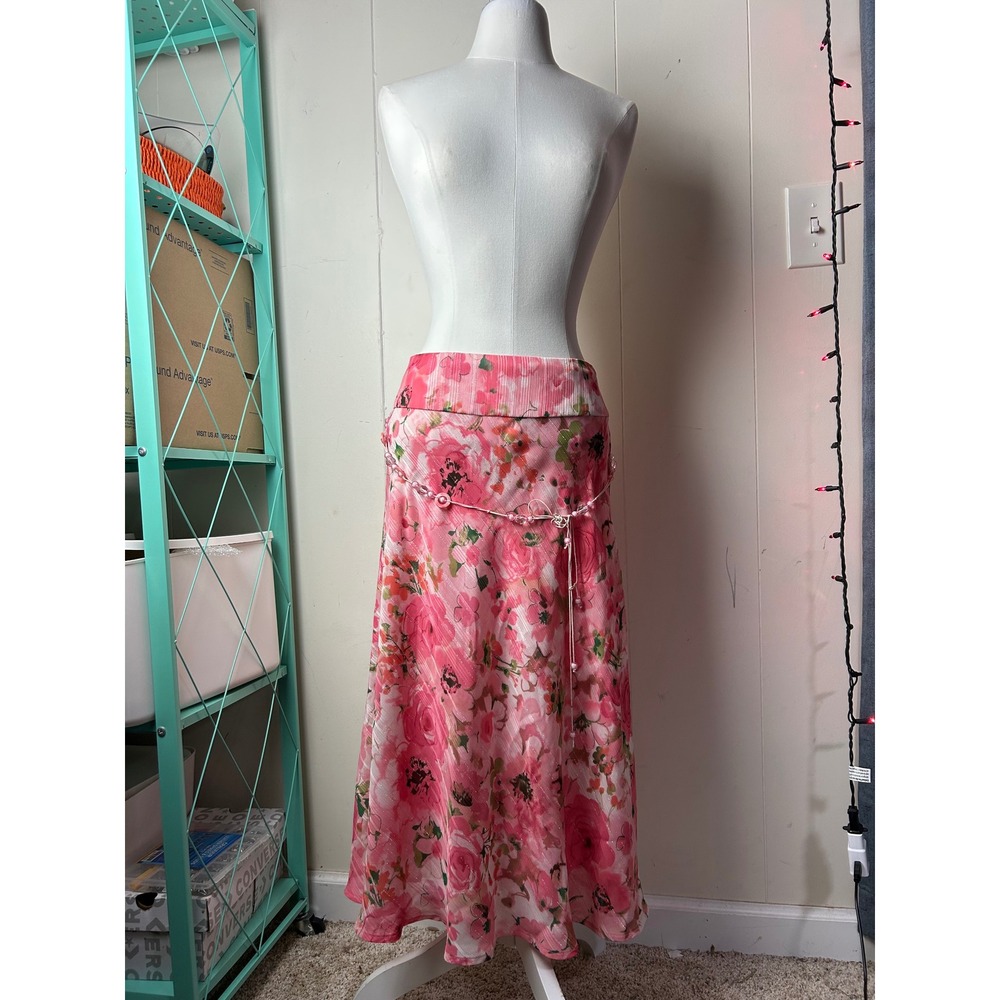 Y2K Pink Floral Midi Skirt Beaded 8 Fairy Coquette Graden Romantic Cottagecore - Picture 6 of 9